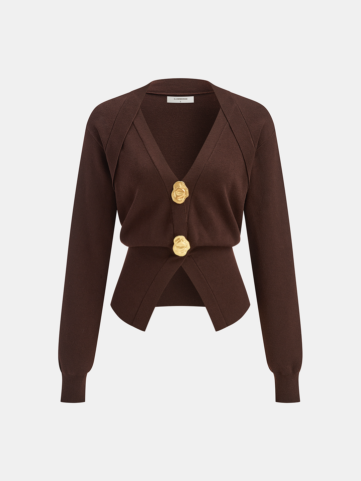 Metal Button V-Neck Knit Cardigan