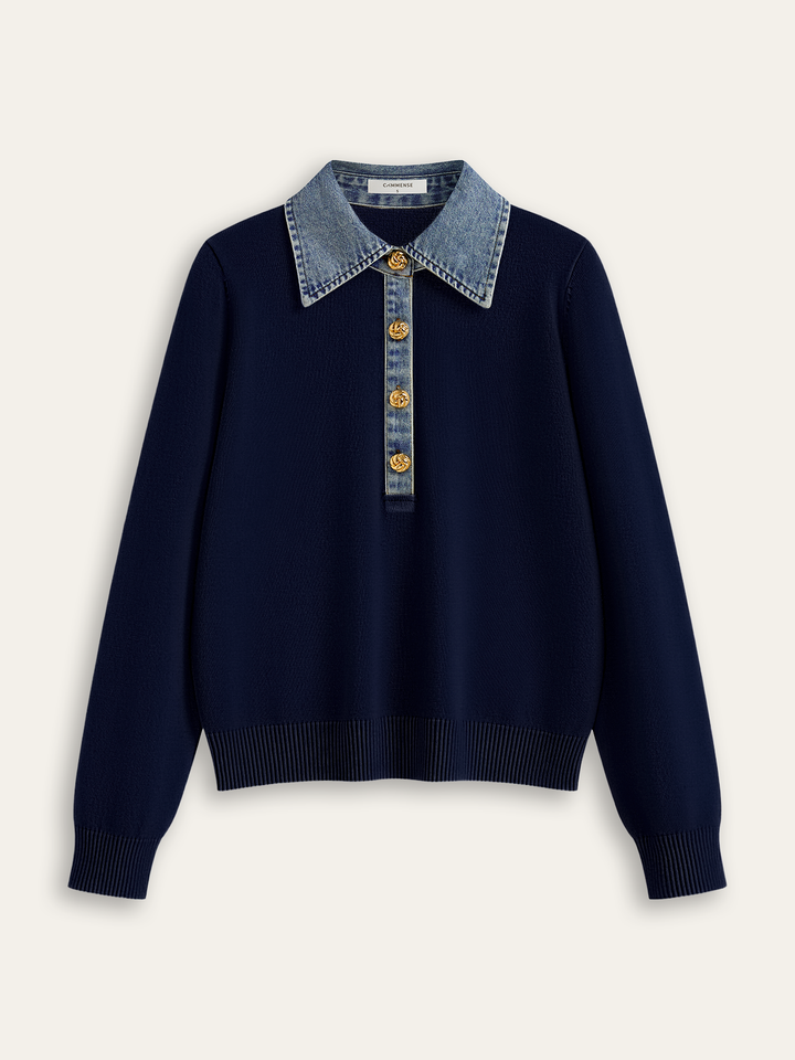 Denim Collar Wool Blend Knit Top