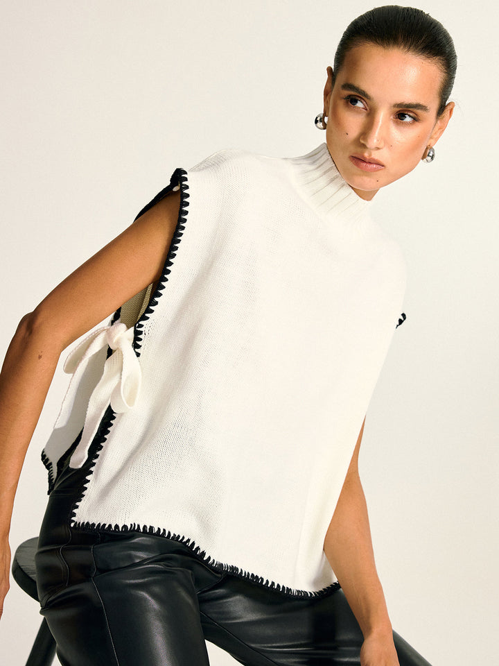 Contrast Trim Side Bow Mock Neck Sweater Vest