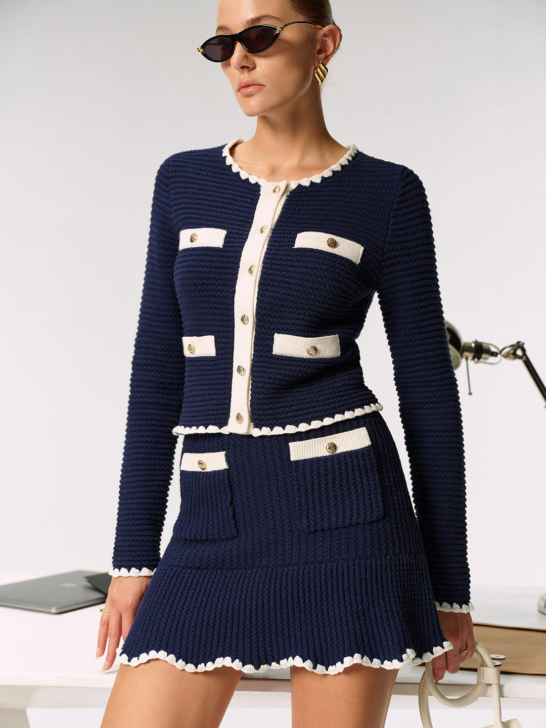 Contrast Scalloped Trim Metal Button Cardigan