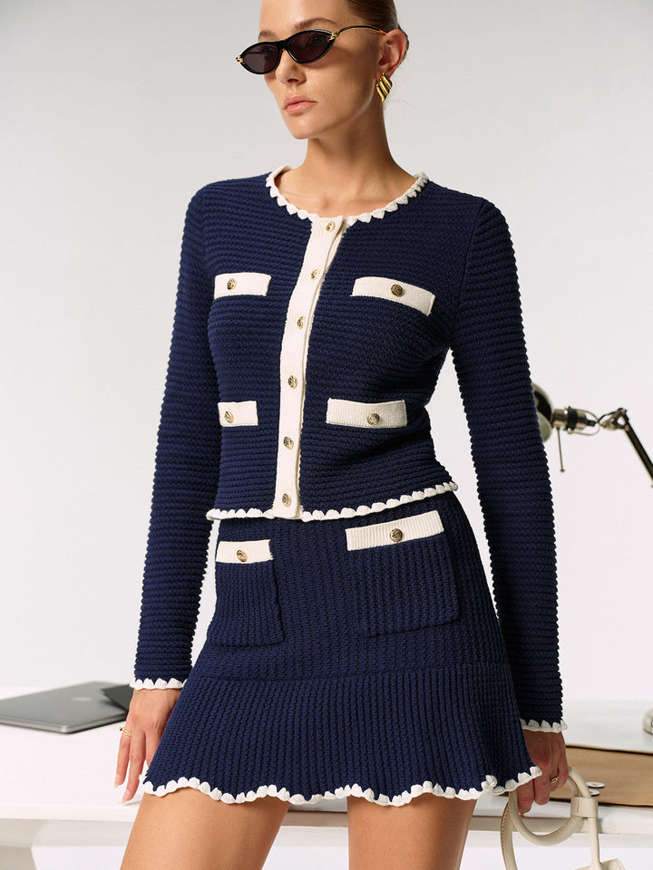 Contrast Scalloped Trim Metal Button Cardigan