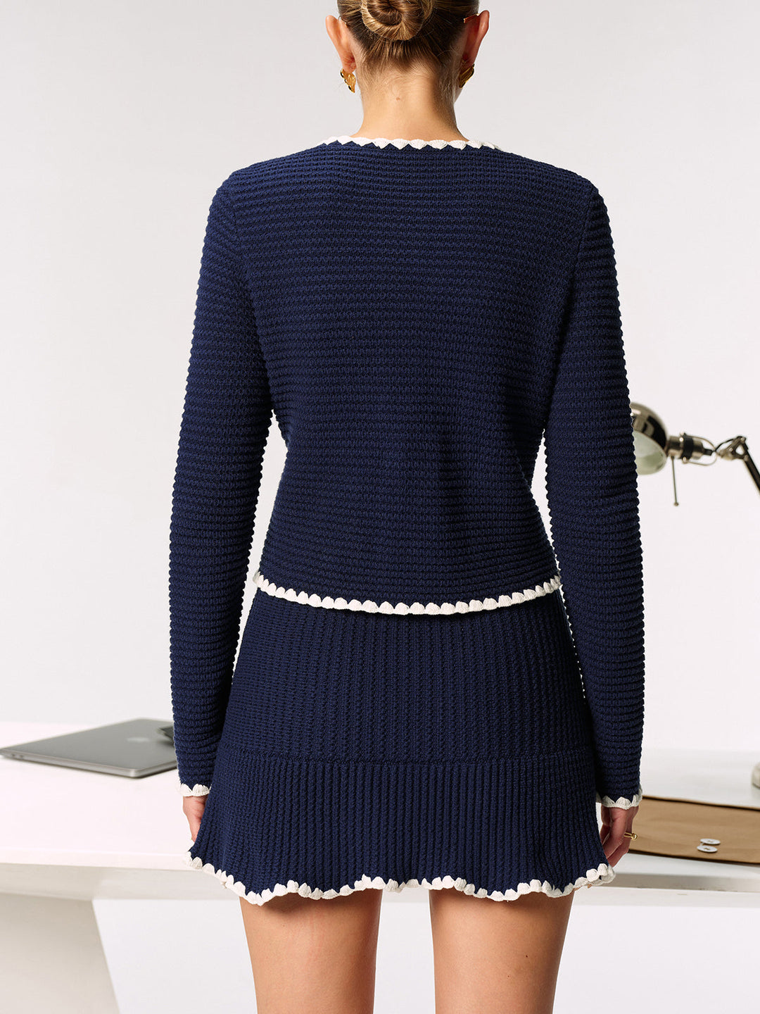 Contrast Scalloped Trim Metal Button Cardigan