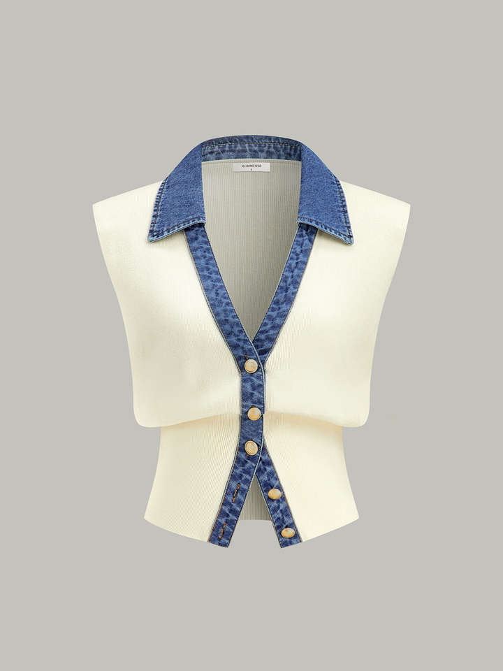Denim Trim Metal Button Knit Vest