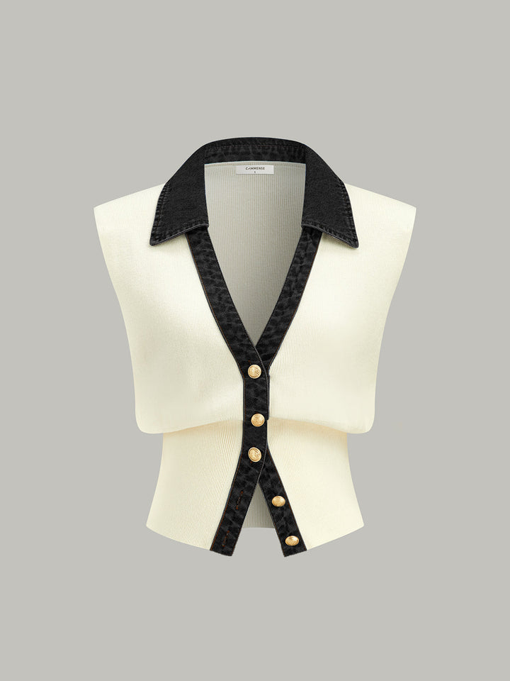 Denim Trim Metal Button Knit Vest