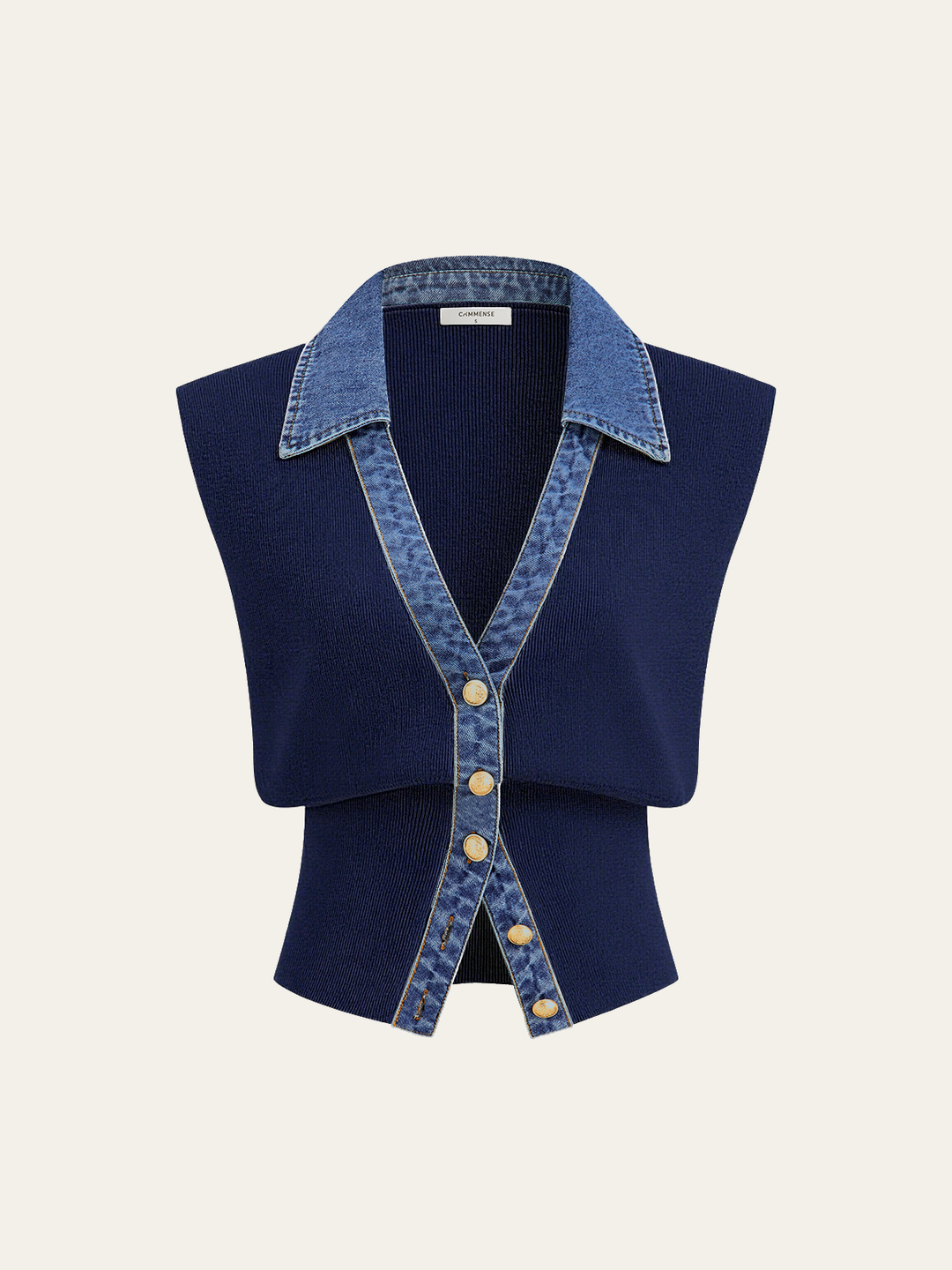Denim Trim Metal Button Knit Vest