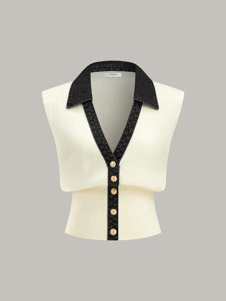 Denim Trim Metal Button Knit Vest