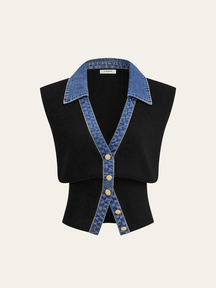 Denim Trim Metal Button Knit Vest