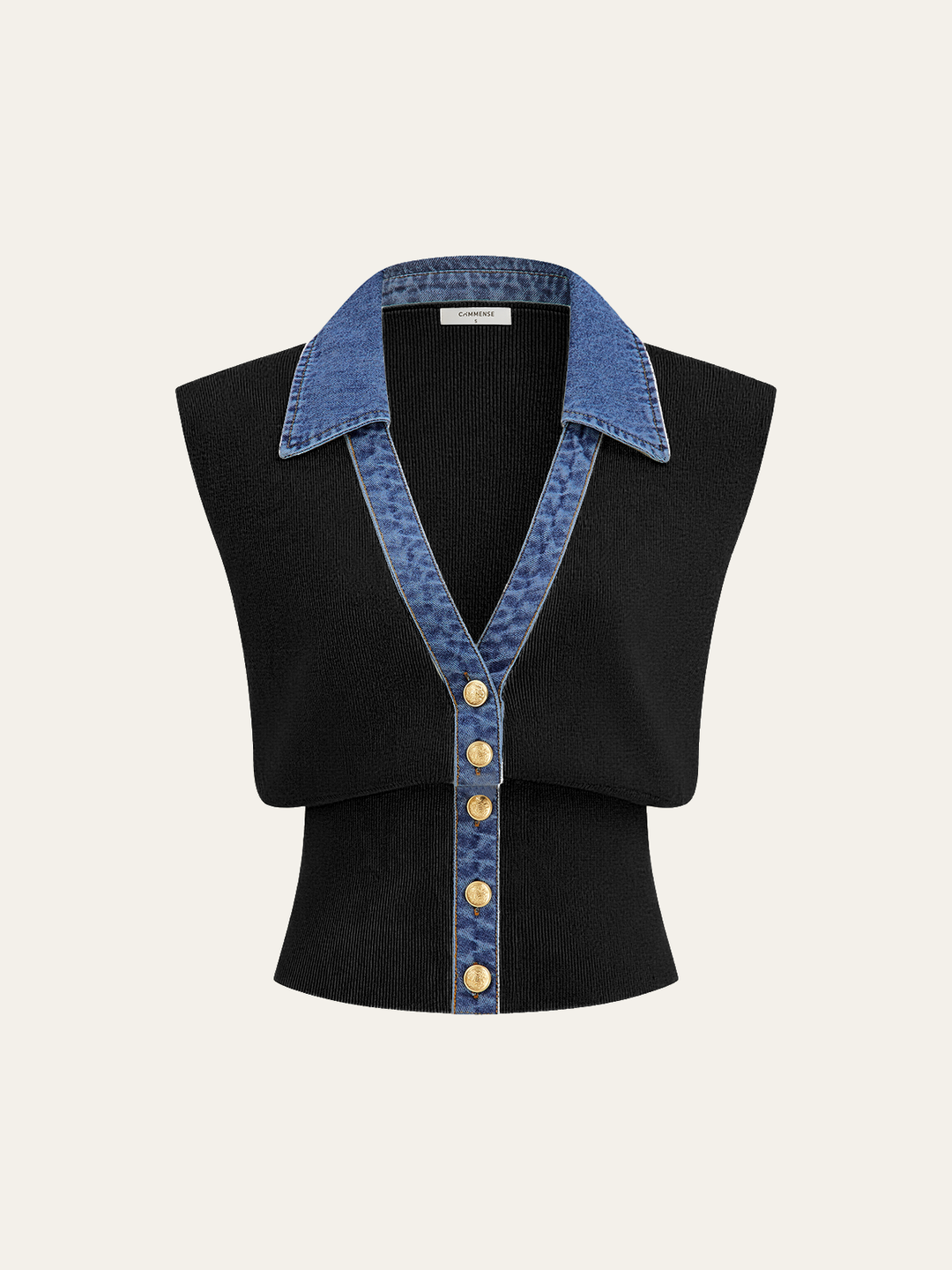 Denim Trim Metal Button Knit Vest
