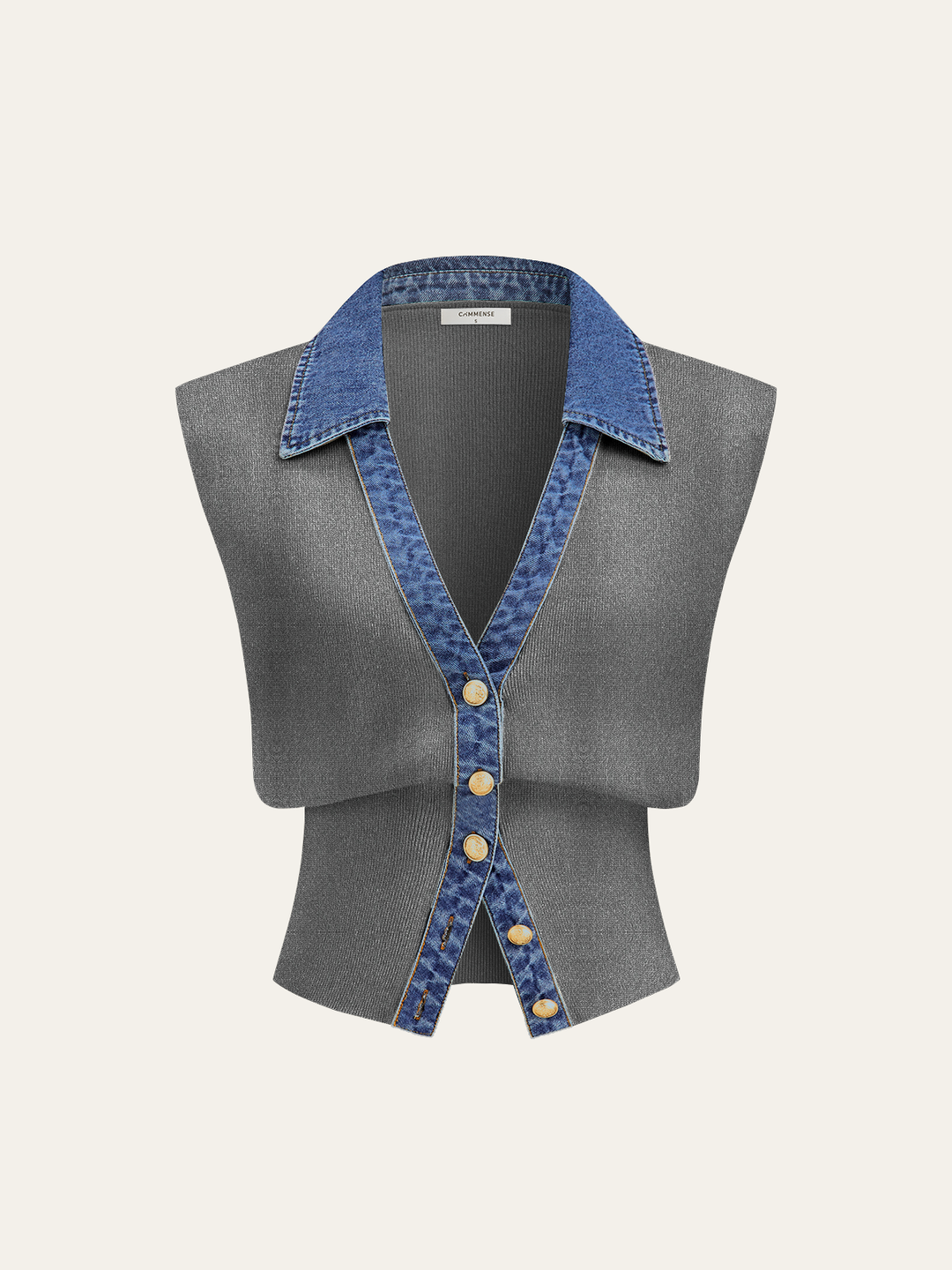 Denim Trim Metal Button Knit Vest