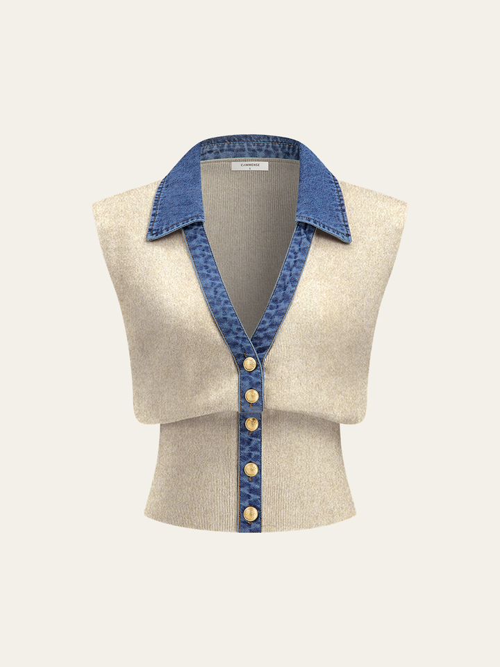 Denim Trim Metal Button Knit Vest