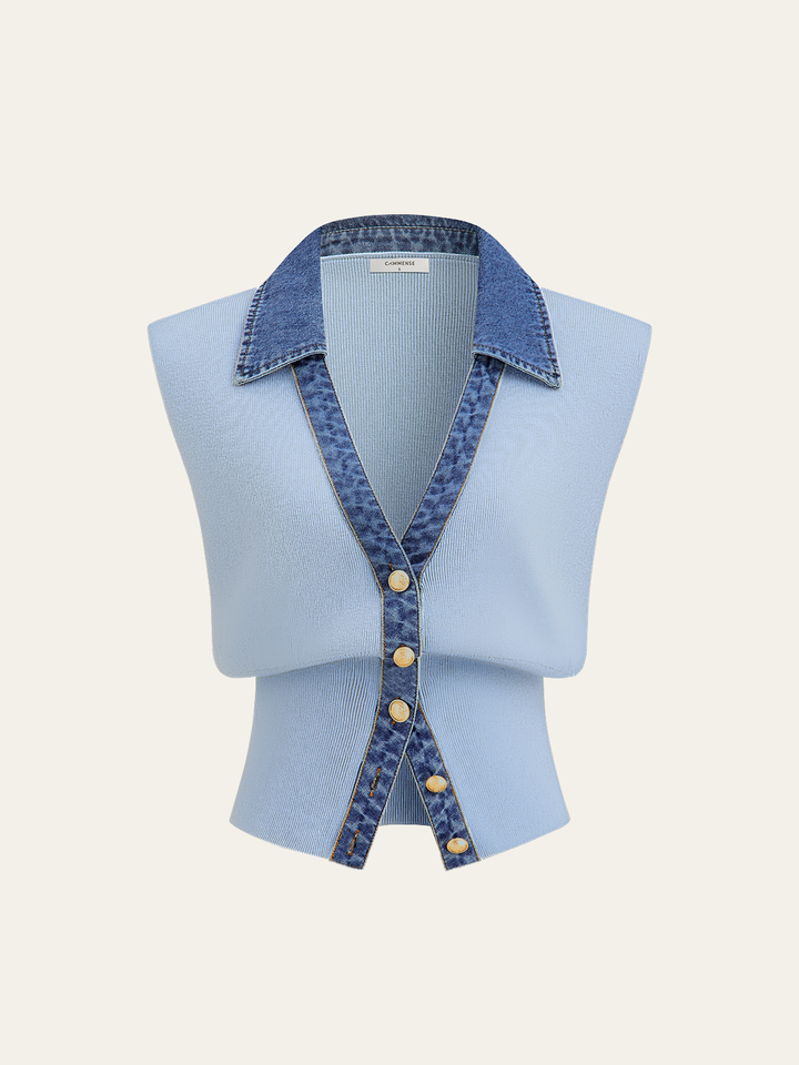 Denim Trim Metal Button Knit Vest