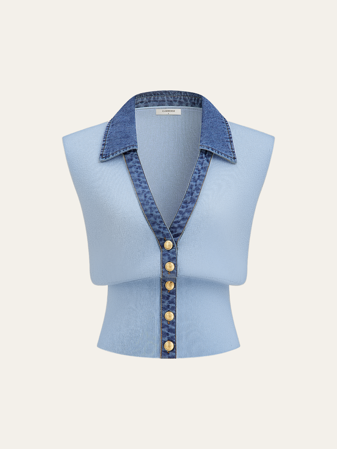 Denim Trim Metal Button Knit Vest