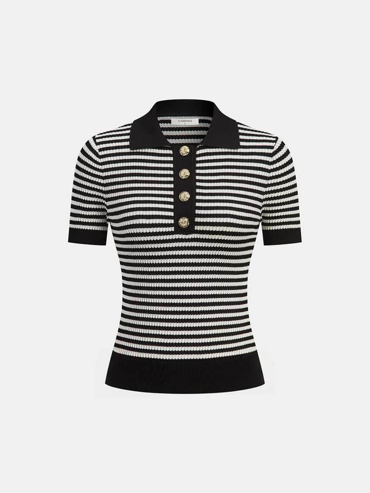 Metal Button Striped Knit Polo Top