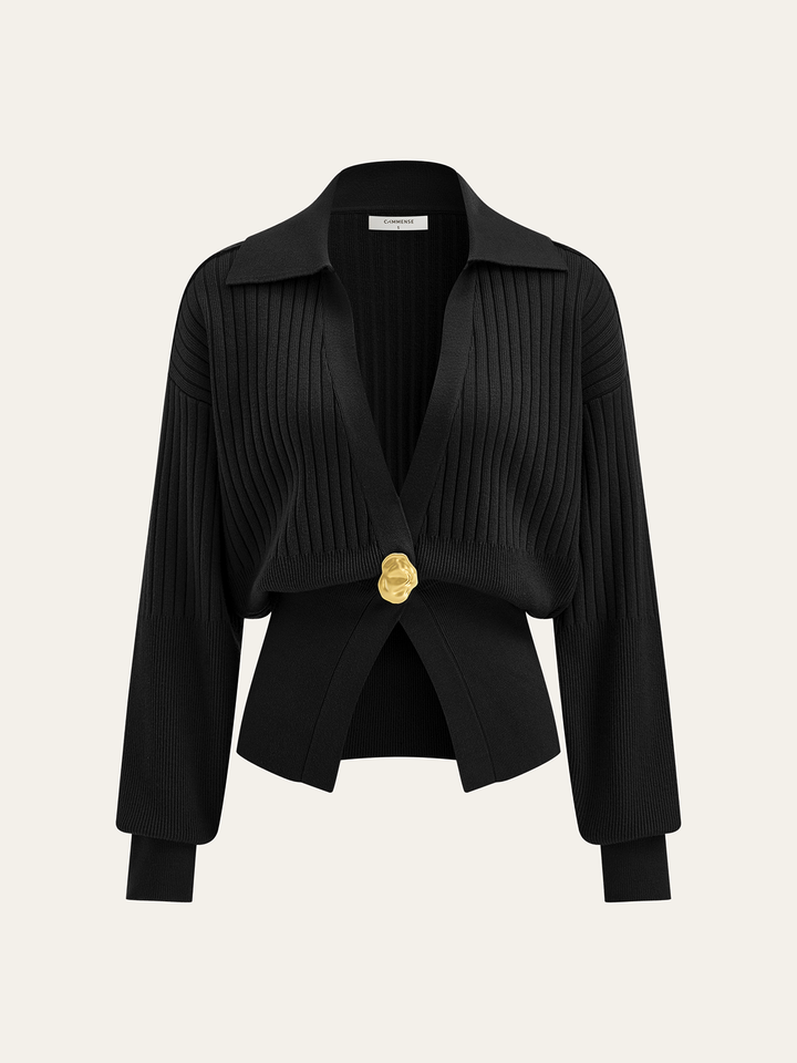 Ribbed Collared Metal Button Cardigan