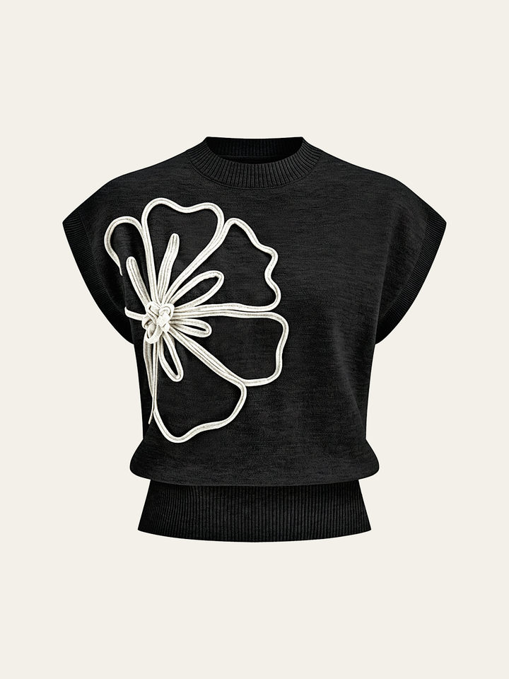 Flower Applique Cap Sleeve Knit Top
