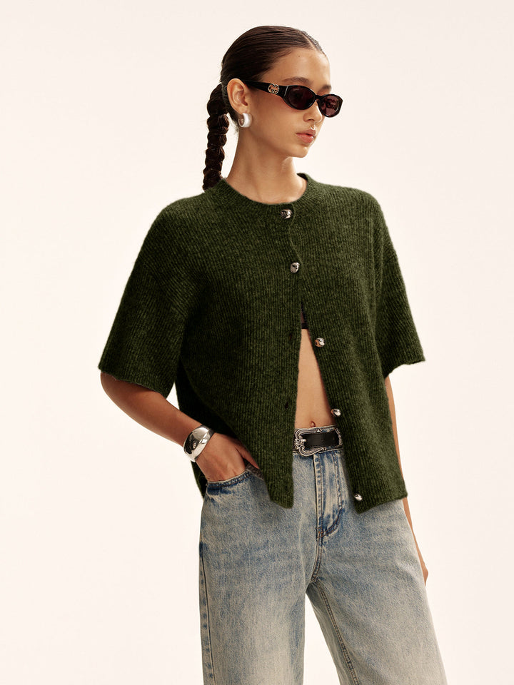 Wool-Blend Short-Sleeved Cardigan
