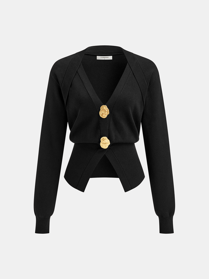 Metal Button V-Neck Knit Cardigan
