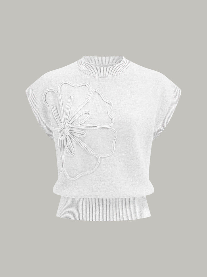 Flower Applique Cap Sleeve Knit Top