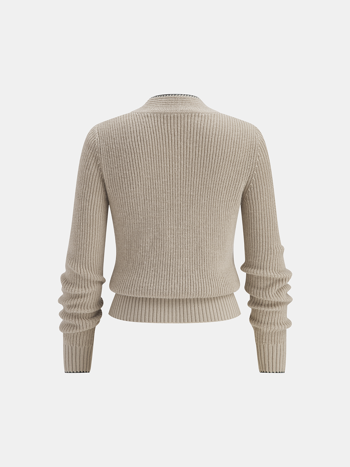 Tie Neck Contrast Trim Wool Blend Cardigan