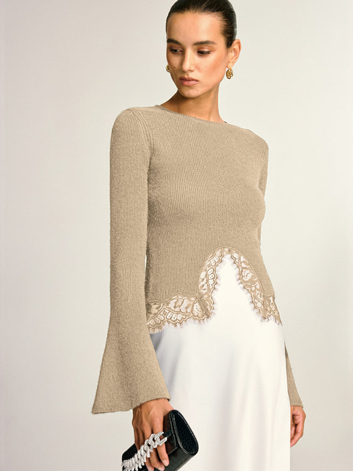 Lace Hem Bell Sleeve Wool Blend Knit Top