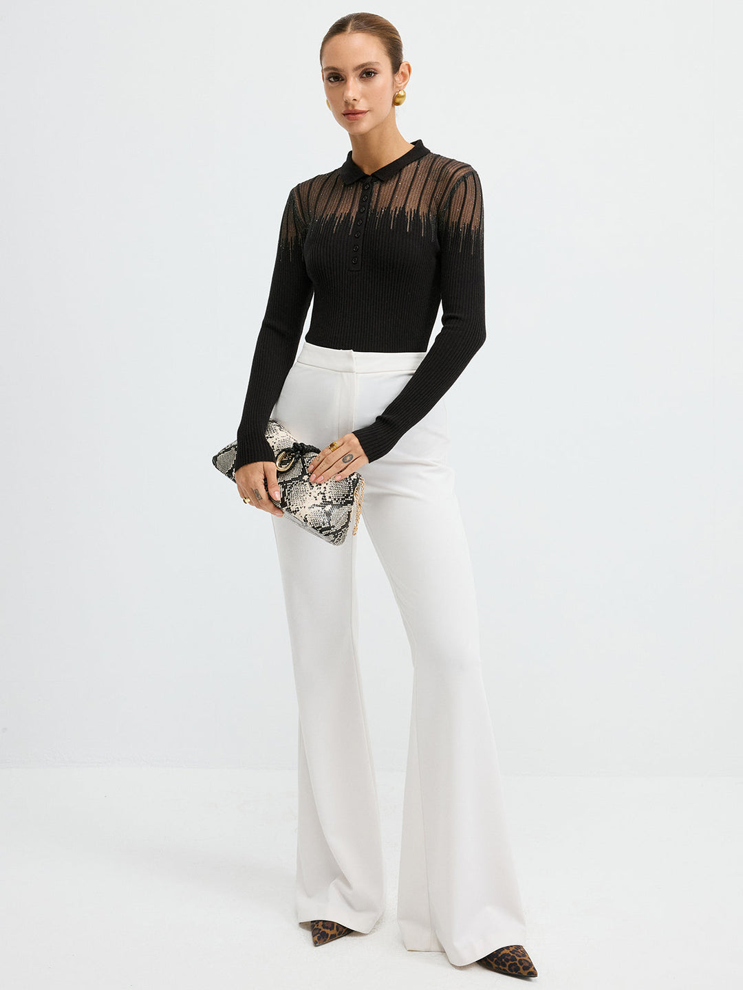 Glitter Detail Sheer Panel  Polo Knit Top