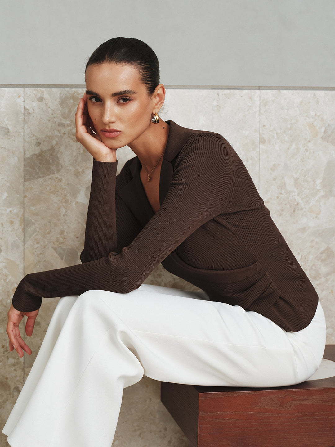 Ribbed Knit Collared Top