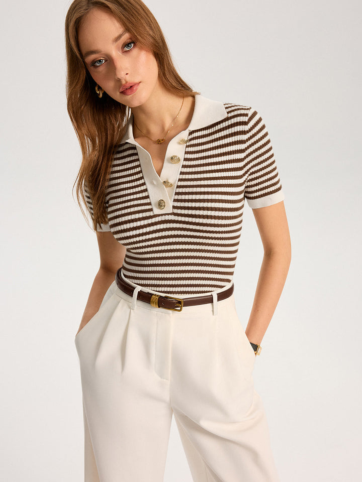 Metal Button Striped Knit Polo Top