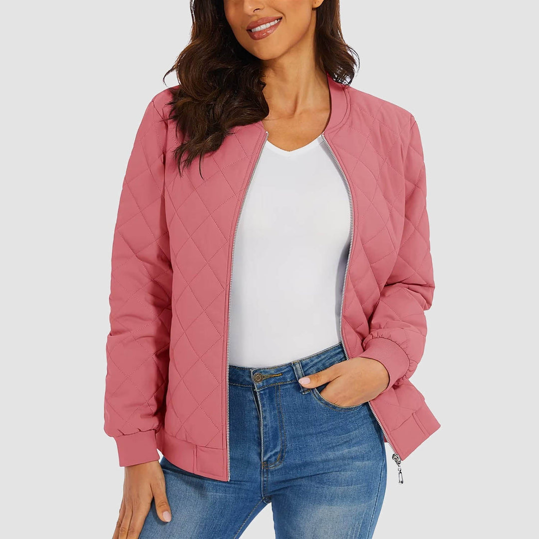 Women's Quilted Bomber Jacket with 2 Zip Pockets