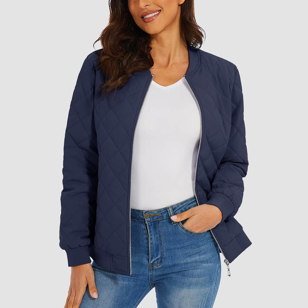 Women's Quilted Bomber Jacket with 2 Zip Pockets