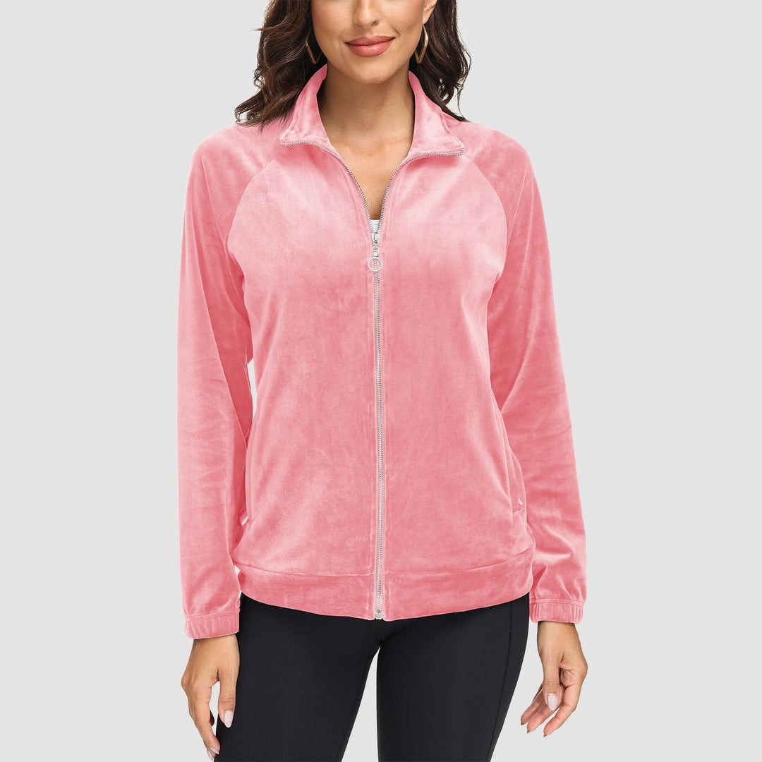 Women's Velour Fleece Jacket - Full Zip & Zipper Pockets