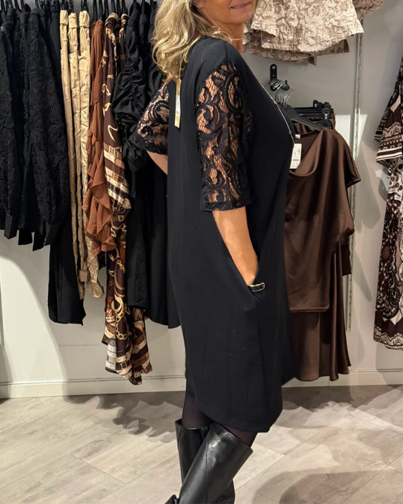 Elegant V-Neck Lace Sleeve Dress