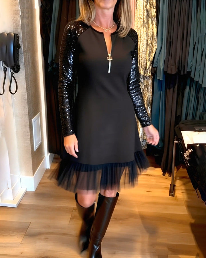 Fashionable Sequin Zipper Patchwork Dress