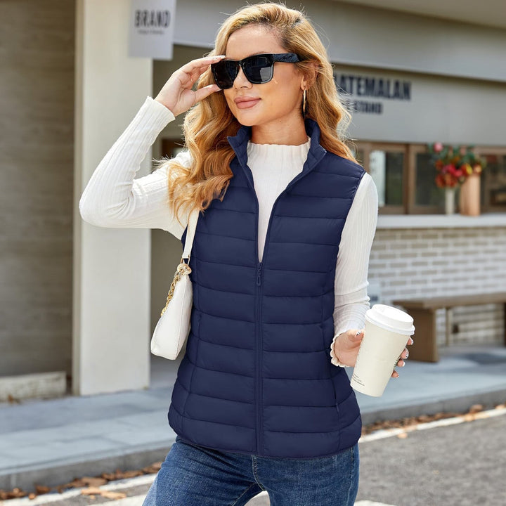 Women's Lightweight Puffer Vest with 4 Pockets & Stand Collar