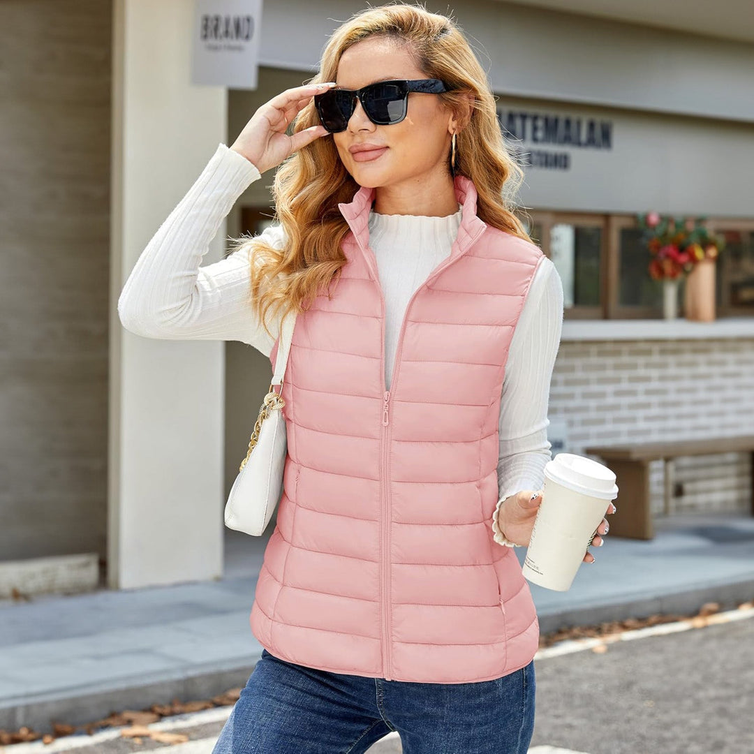 Women's Lightweight Puffer Vest with 4 Pockets & Stand Collar