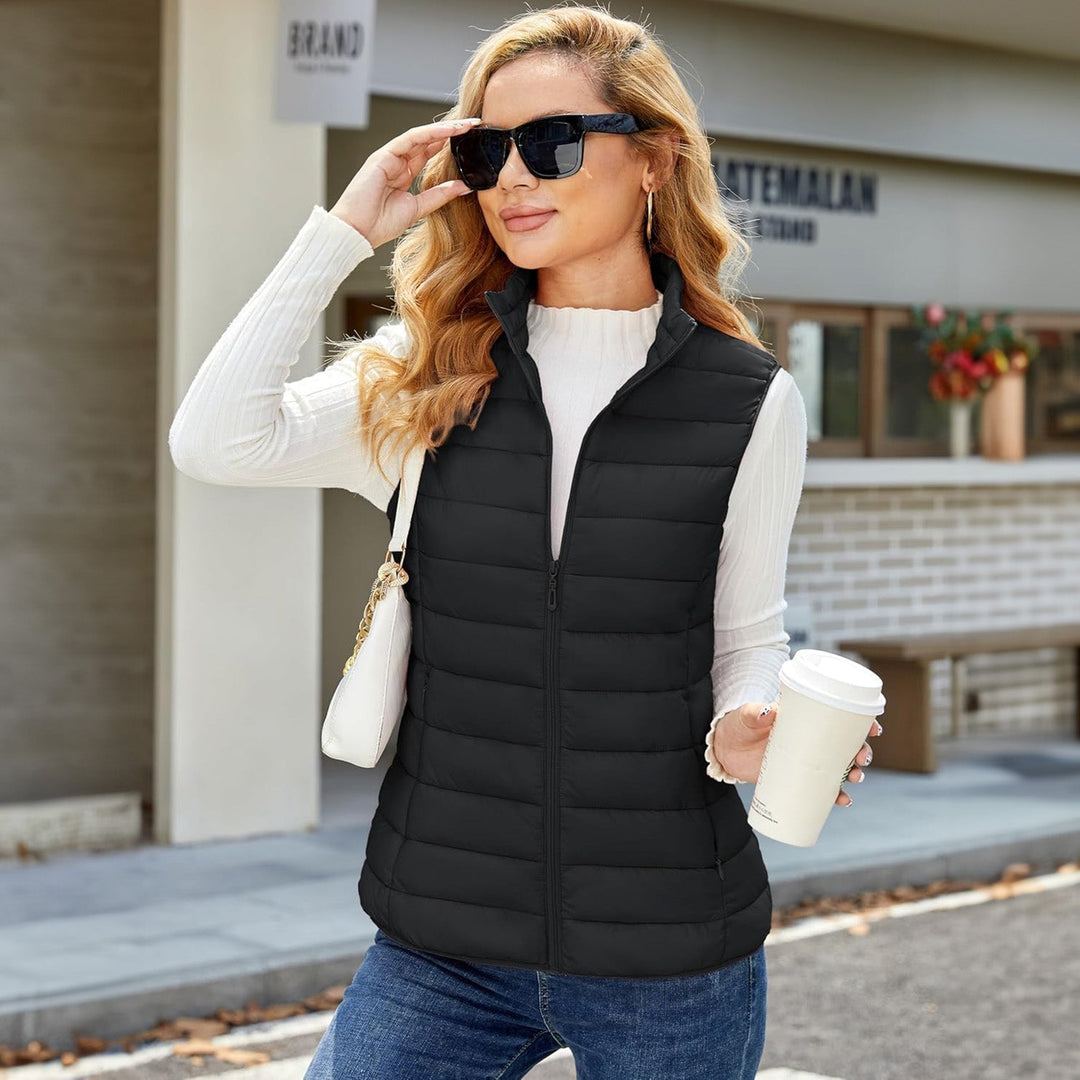 Women's Lightweight Puffer Vest with 4 Pockets & Stand Collar