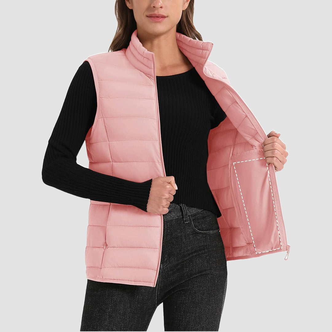Women's Lightweight Puffer Vest with 4 Pockets & Stand Collar
