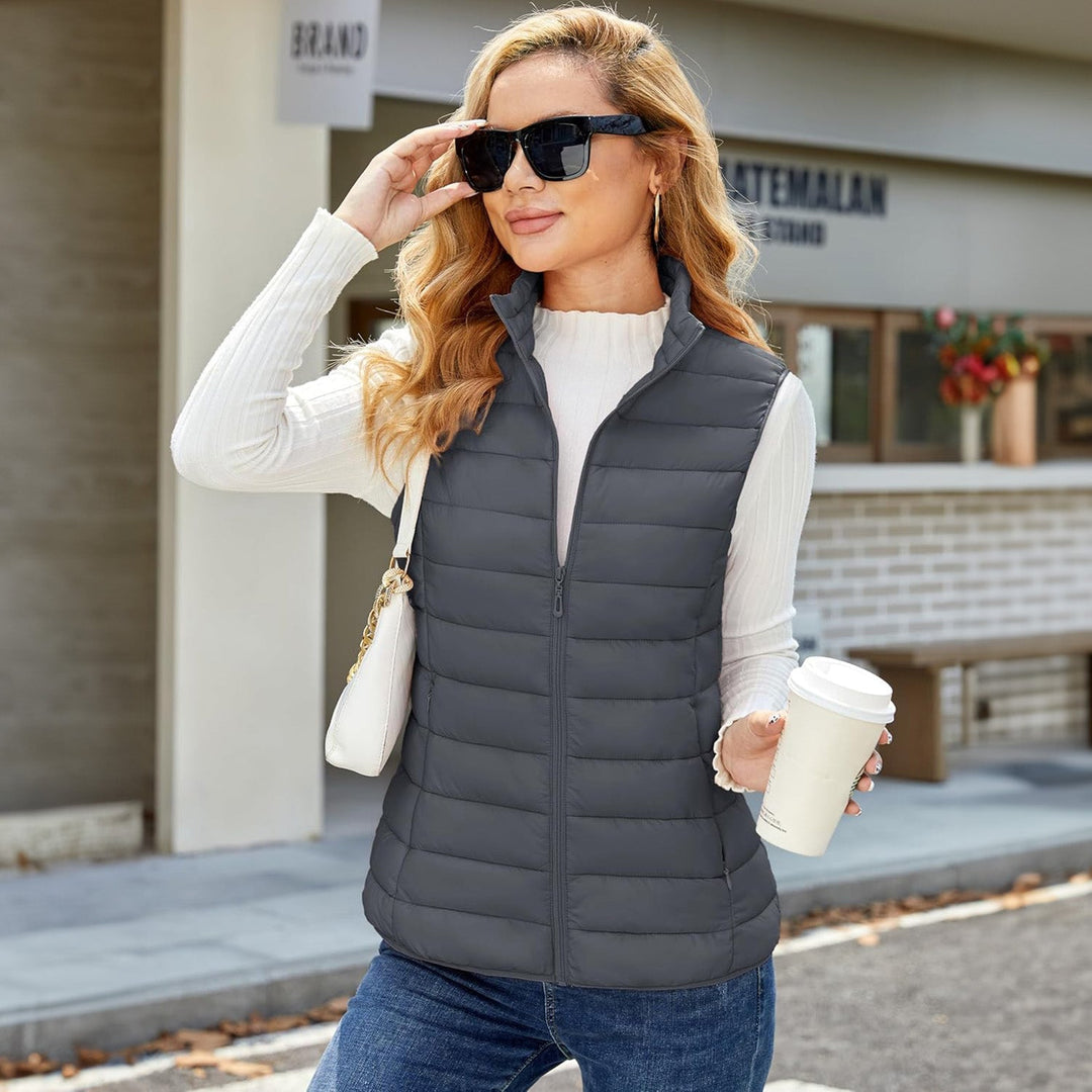 Women's Lightweight Puffer Vest with 4 Pockets & Stand Collar