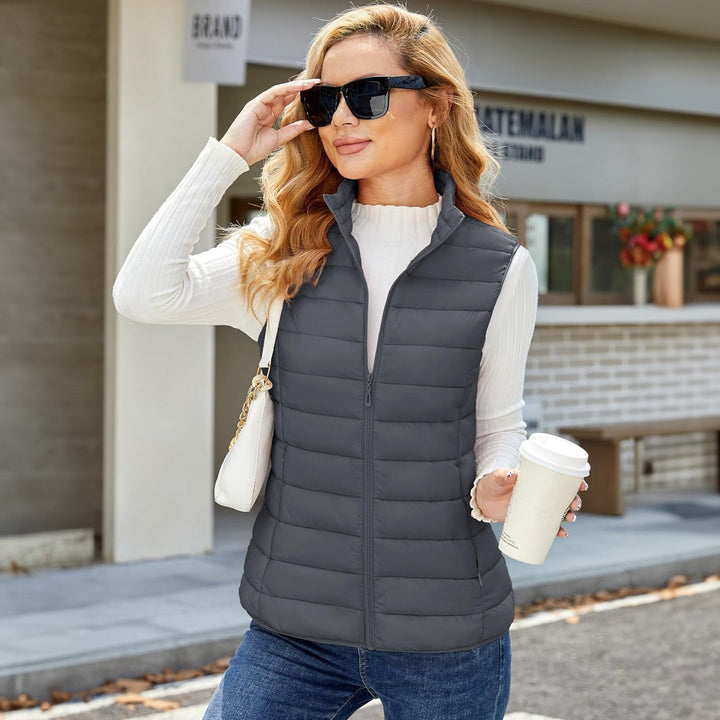 Women's Lightweight Puffer Vest with 4 Pockets & Stand Collar