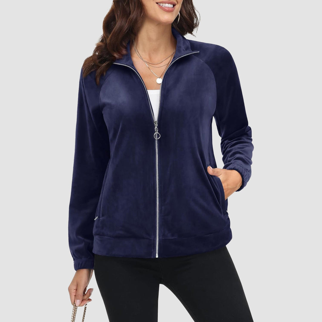 Women's Velour Fleece Jacket - Full Zip & Zipper Pockets