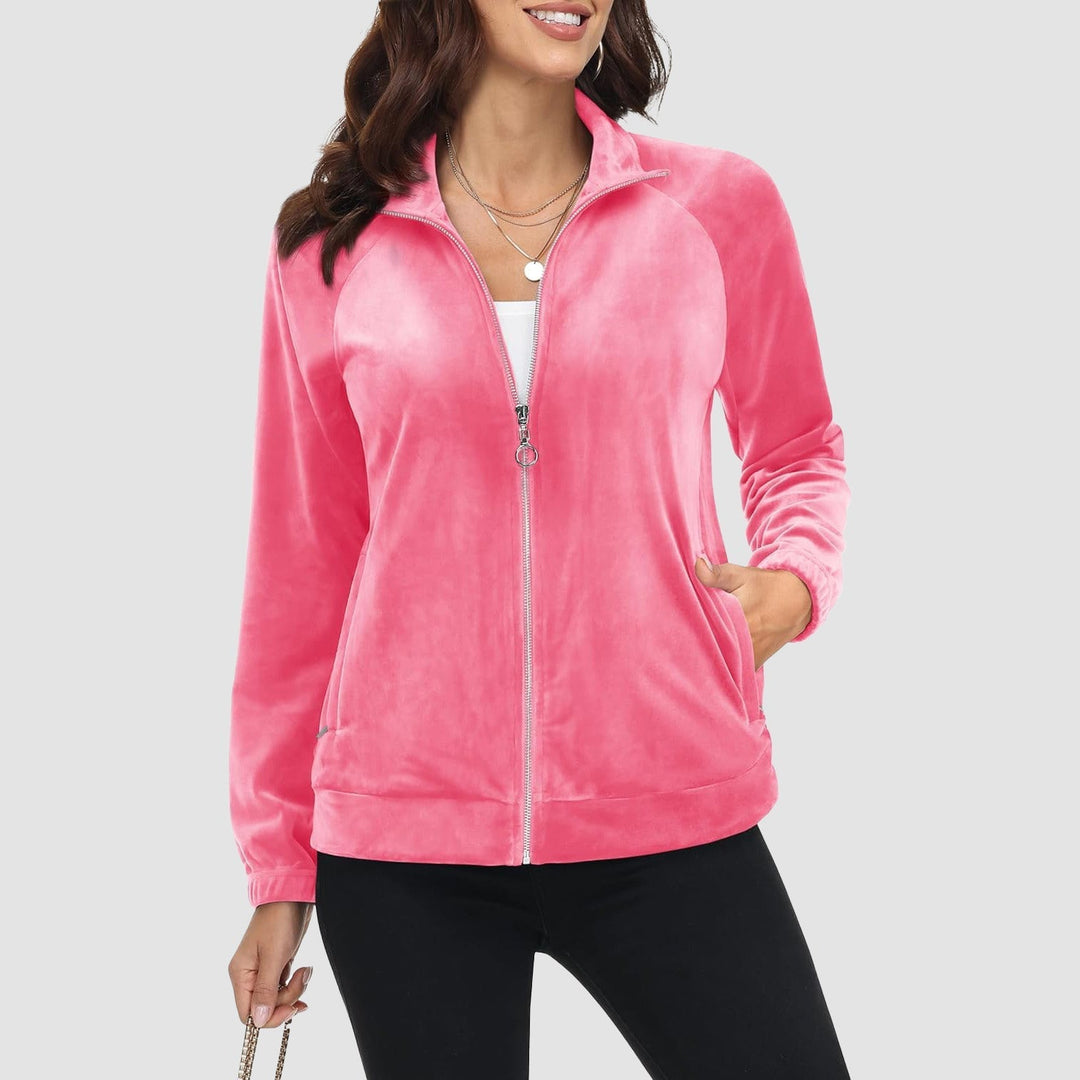 Women's Velour Fleece Jacket - Full Zip & Zipper Pockets