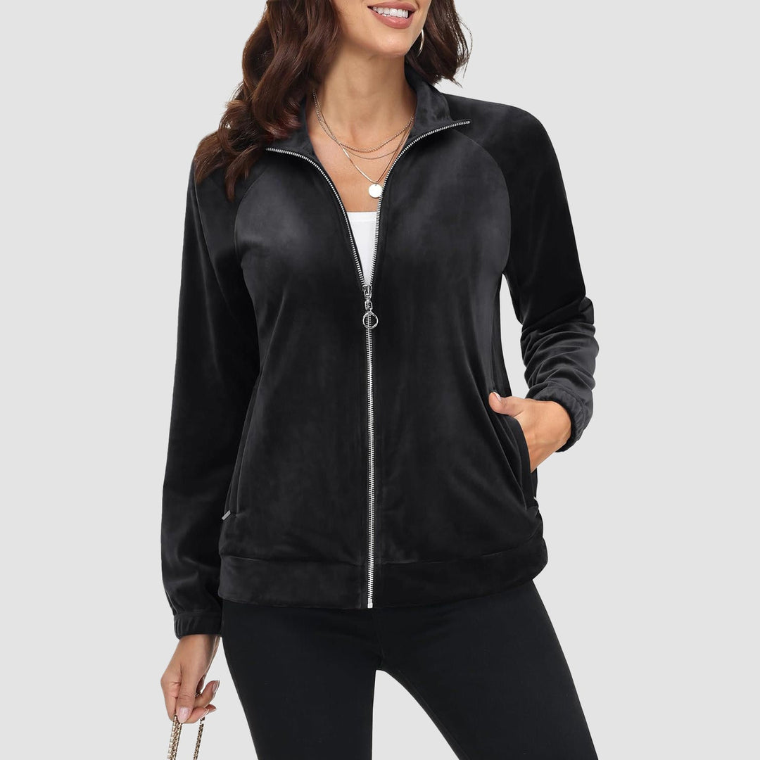 Women's Velour Fleece Jacket - Full Zip & Zipper Pockets
