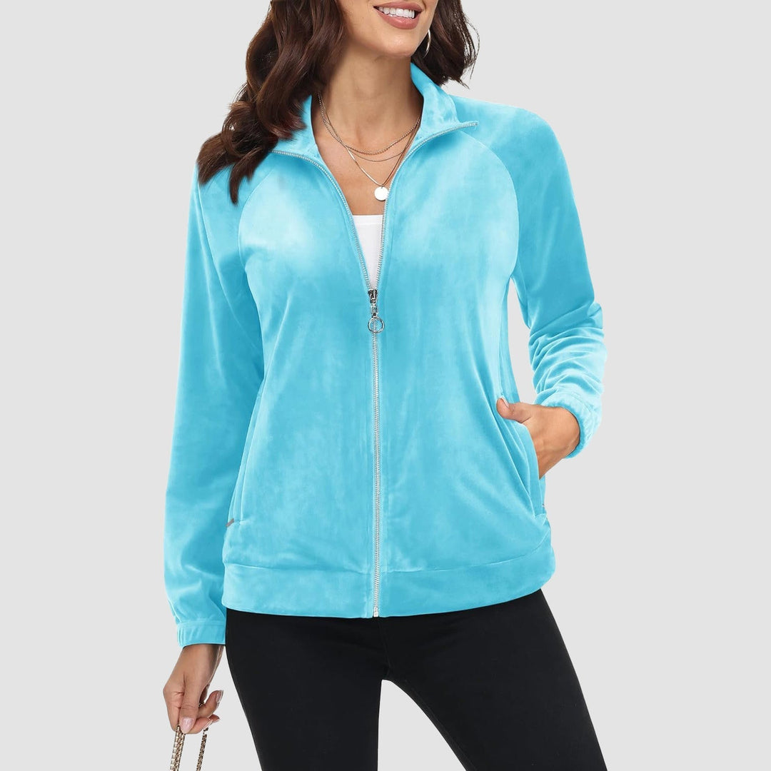 Women's Velour Fleece Jacket - Full Zip & Zipper Pockets