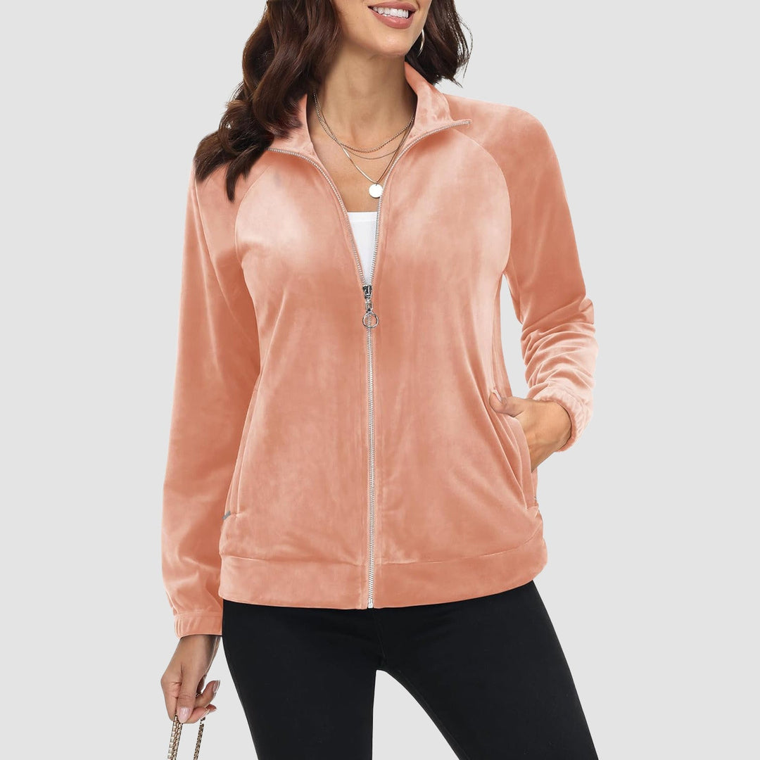 Women's Velour Fleece Jacket - Full Zip & Zipper Pockets